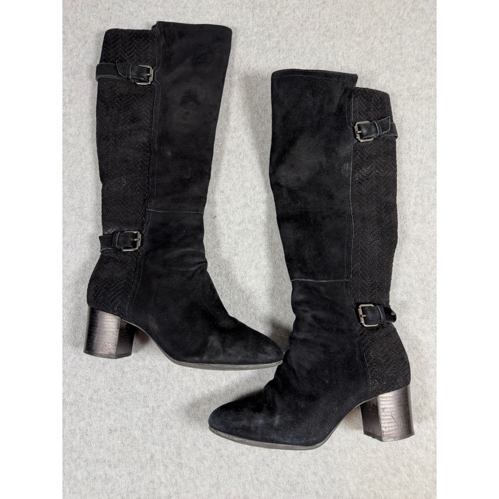 Nurture Garlyn Tall Riding Boots Black Suede Block Heel Buckle Knee High Boho
